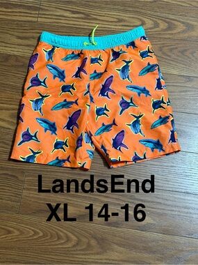 Lands' End Neon Orange Shark-Print Swim Trunks with Teal Waist